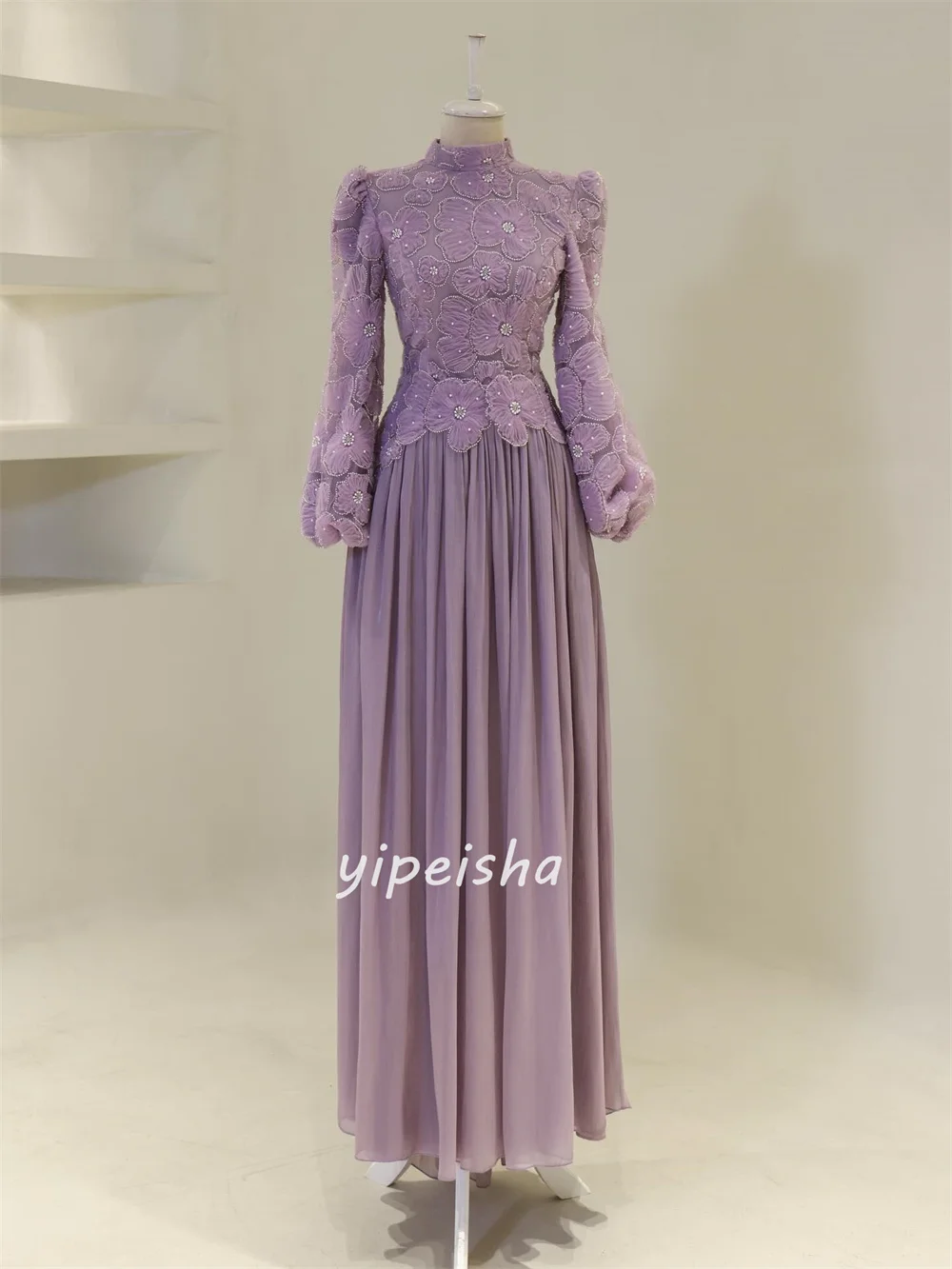 Personnalisé de haute qualité mode en mousseline de soie à la main fleur perles droite col haut robes longues sur mesure robes d'occasion rétro