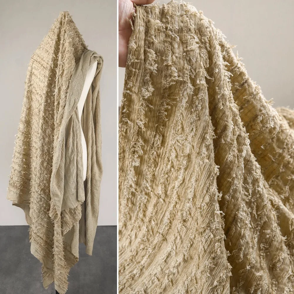 

Yellow Apricot Textured Knit Fabric with Fringe for Clothing Designers and DIY Skirt and Bag Makers