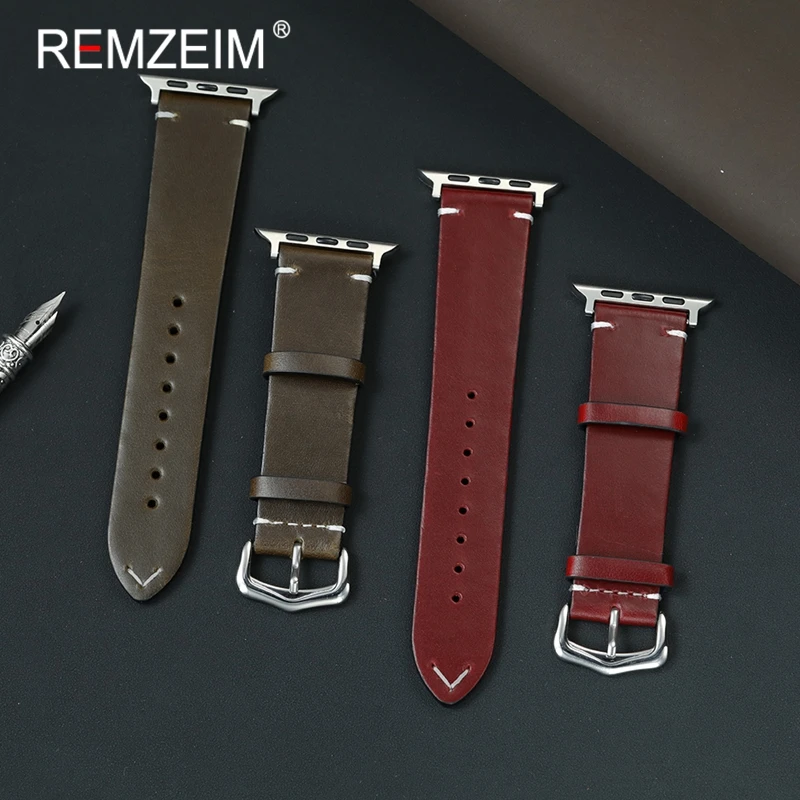 

Oil Wax Discoloration Leather Watch Strap for Apple Watch Bands 38/40/41/42/44/45/46/49mm Series 1-10 SE Ultra 2 Men Watchbands