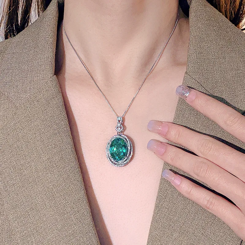 Oval Simulated Gem Pendant Necklace Multi Layer Halo Pave CZ 4 Colors Large Stone Luxury Statement Women Jewelry