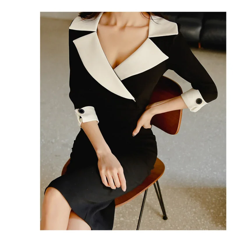 

Three-quarter Sleeves Wrap Hip Dresses Suits Collar Black and White Stitching 2024 Spring OL Professional Slim Waist Lapel Dress