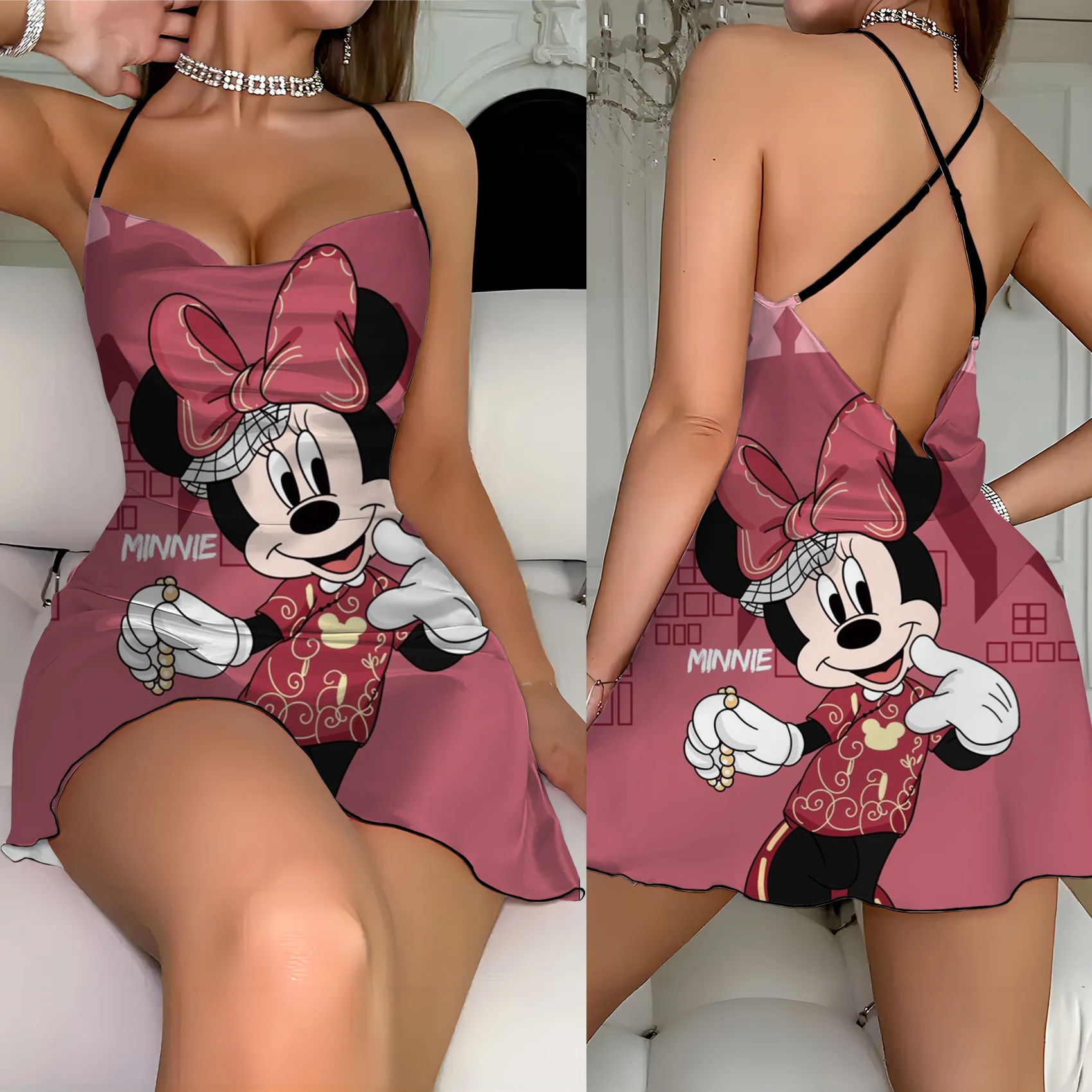 Slip Dress Elegant Dresses for Women Lettuce Trim Crew Neck Disney Minnie Mouse Mickey Fashion Summer 2024 Backless Neck Dress