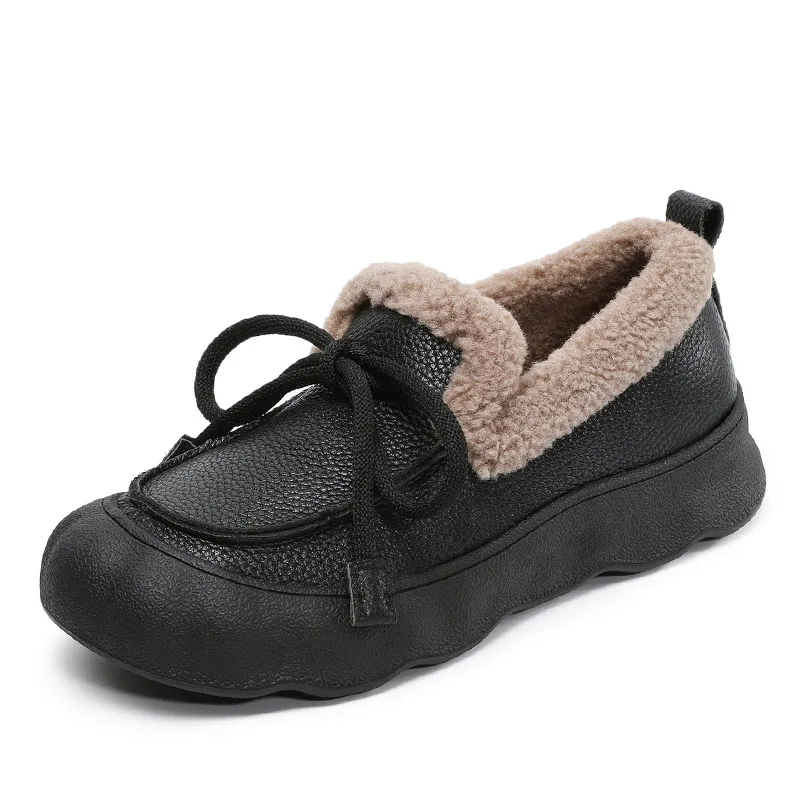 DRKANOL Fashion Women Winter Warm Plush Shoes Slip On Loafers Handmade Retro Genuine Cow Leather Thick Sole Fluffy Cotton Shoes