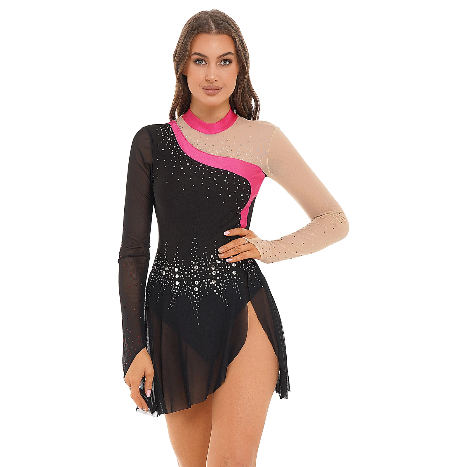 Womens Figure Skating Dance Costume Mock Neck Ballerina Tutu Dance Dress Sparkling Rhinestone Long Sleeve lyrical Dance Dress