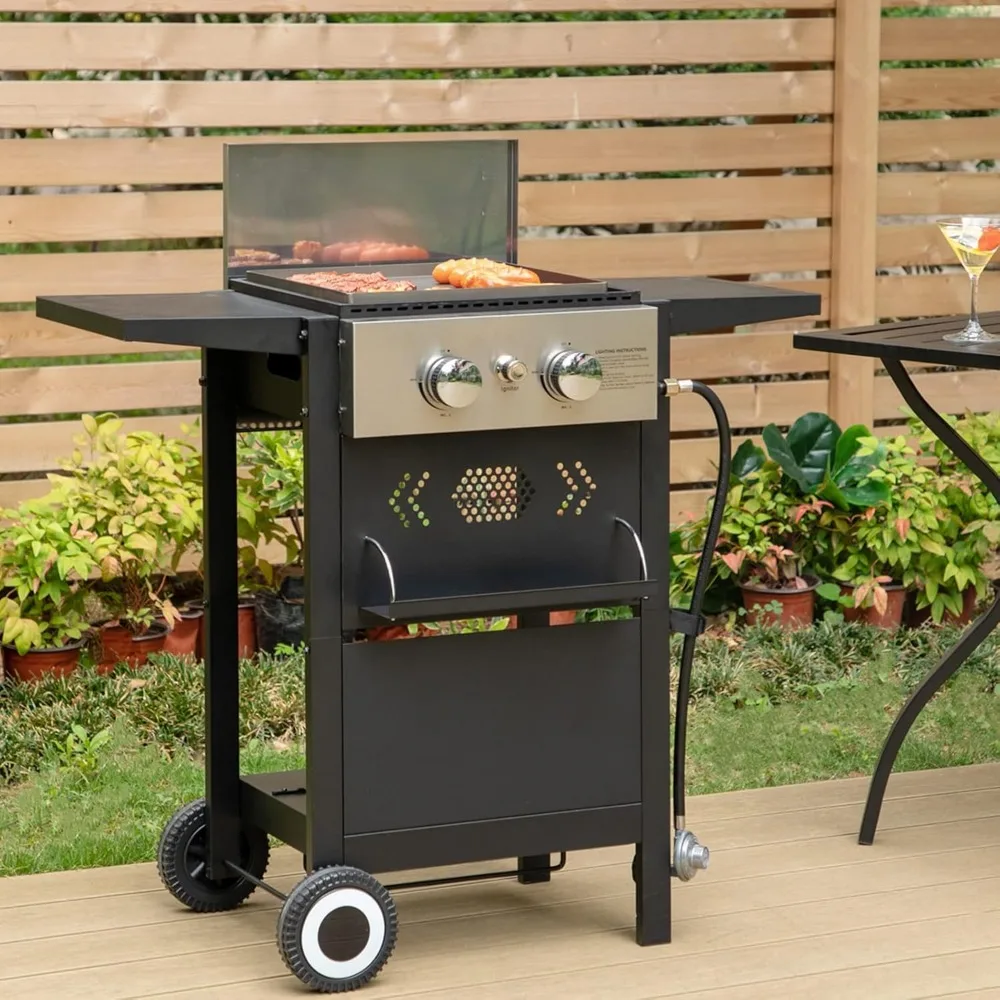 D12Propane Gas BBQ Grill With Cast Iron Griddle - 20,000 BTU, Portable, Side Tables, Wind-Proof Lid For Backyard