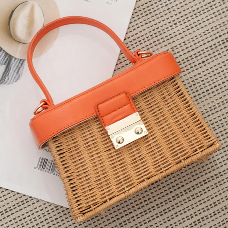 2024 Trend Women\'s Straw Square Bags Handmade Woven Tote PU Leather Top Handle Rattan Purses Boxes Lady Summer Beach Basket Bags