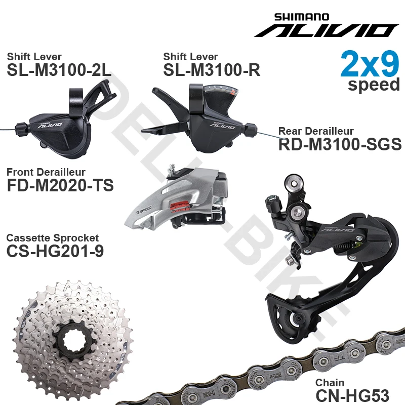 SHIMANO ALIVIO M3100 2x9 speed Groupset with Shifter REAR and M2020 Front DERAILLEUR HG200 HG201 Cassette Sprocket COG Chains