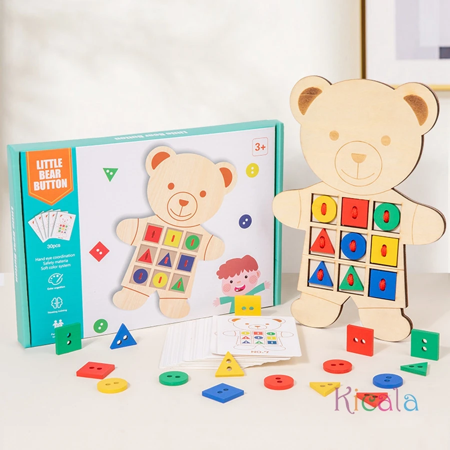 Juguete de oso con cordones de madera con tarjetas de patrón, juguete de aprendizaje de costura, clasificación de colores, juguete de matemáticas Montessori, regalos de juego para niños pequeños