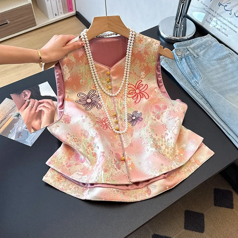 Retro Chinese Style Embroidered Buttoned Vest Heavy Embroidery round Neck Open Cardigan Outerwear Floral Patterned Satin