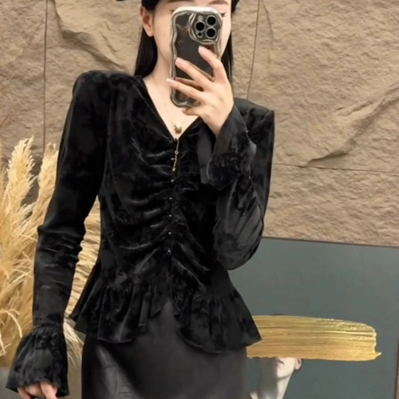 

French Style Spring Fall Women V Neck Ruffles Irregular Flare Sleeve Black Velve Top Shirt , Woman Slim Velour Tops Shirts