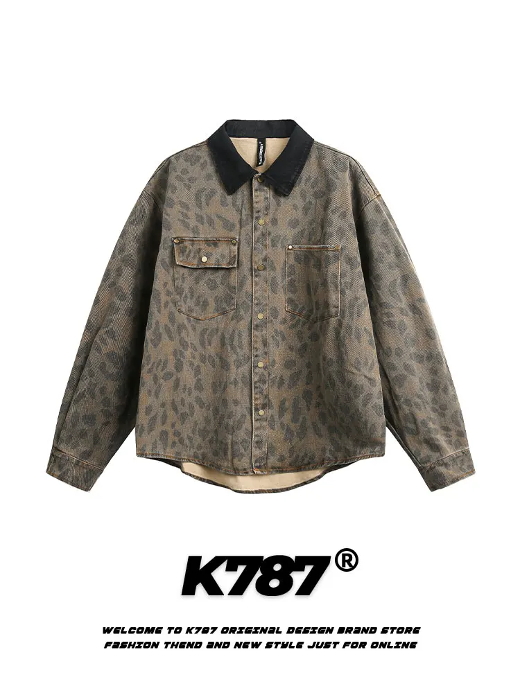 

Джинсовая куртка K787 в американском ретро-стиле с леопардовым принтом, свободного кроя, унисекс, весенняя, для пар, молодежная мода, хлопок, длинный рукав