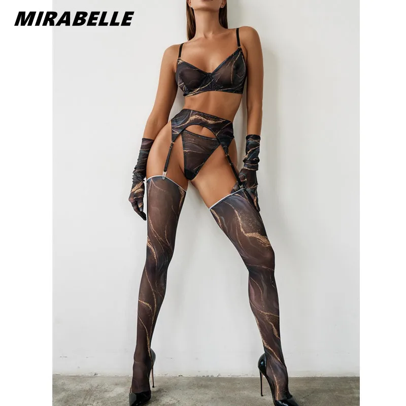 MIRABELLE Erotic Sexy Lingerie Tie Dye Lace Underwear With Stocking Long Gloves See Through Bilizna Outfits Fancy Sensual Set