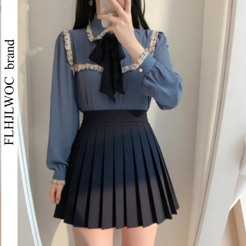 Women' Cute Bow Tie Ribbon Tops Preppy Style Vintage Japan Korea Design Button Elegant Formal White Blue Shirts Blouses 2409