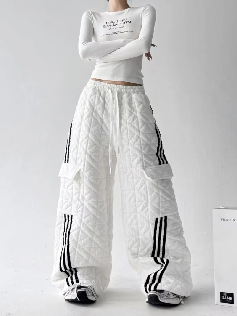 

Осенне-зимние уличные стеганые женские широкие брюки с хлопковой подкладкой, свободные универсальные брюки в американском стиле, топ, повседневные брюки