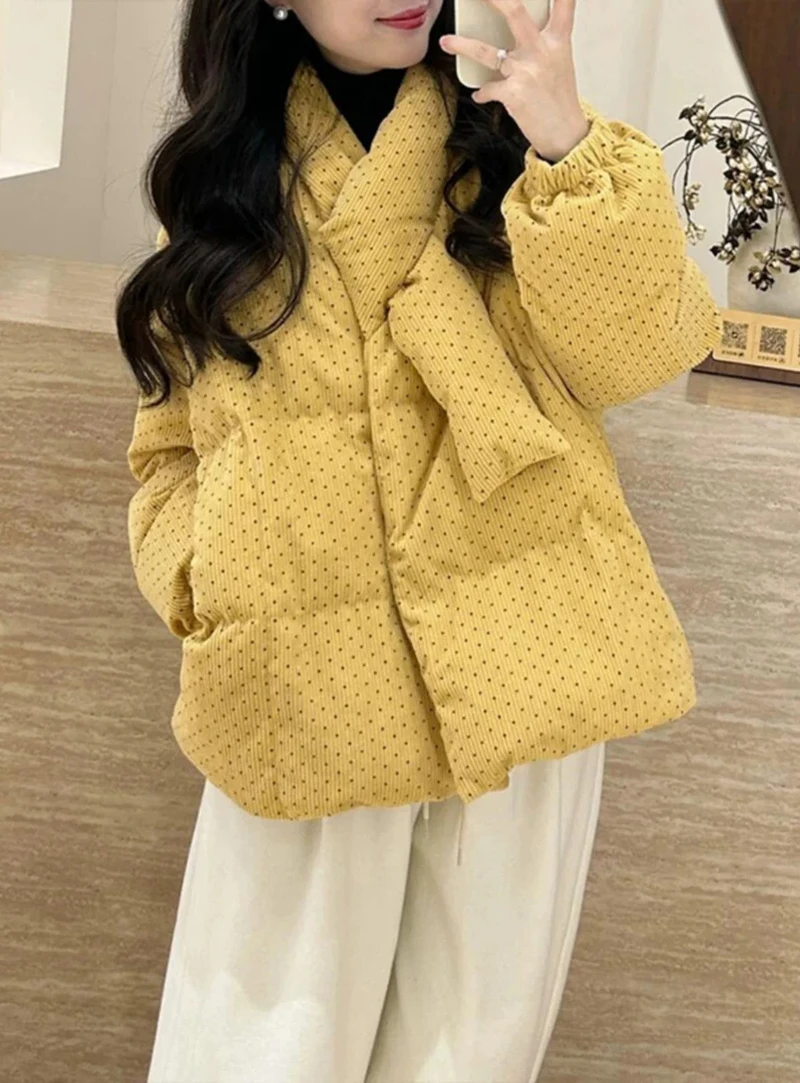 Polka Dot Corduroy Women Padded Jacket Korean Button Down Puffer Coat Long Sleeve Loose Retro Cozy Winter Outerwear Top