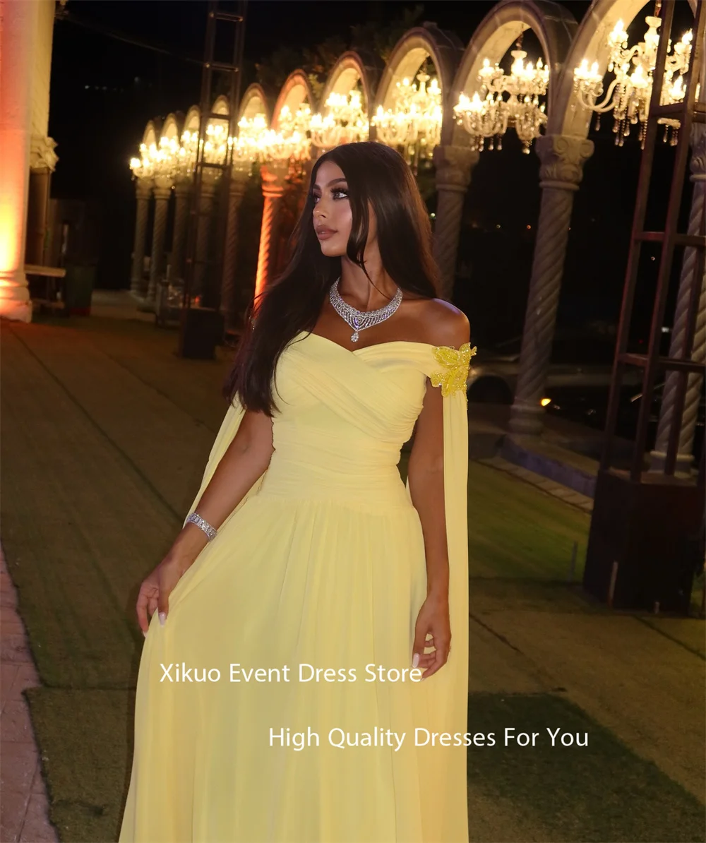 Xikuo Off Shoulder Flowers Evening Dresses Yellow Pleated Party Dresses Formal Chiffon A Line Vestidos De Fiesta Customized