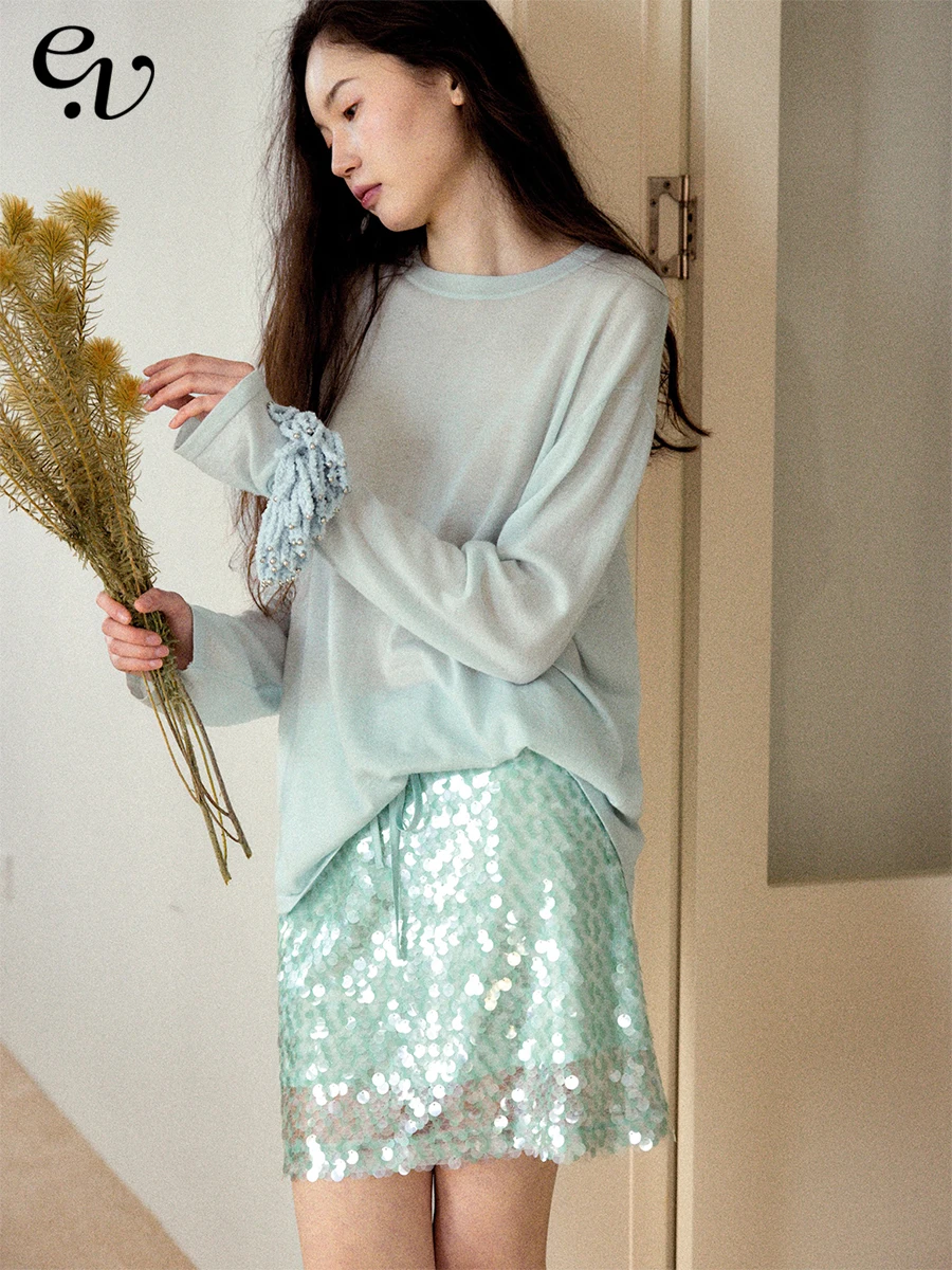 

Even Vintage Women's Long Sve T-irt Wool Blend Lightweight Loose Fit Mis Feel Spring Casual round Ne Top