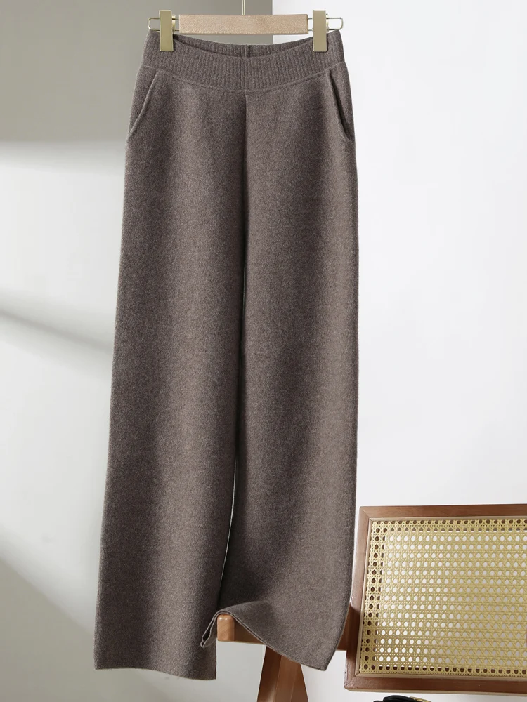 

New Chic Women 100% Merino Wool Knitted Wide Leg Pockets Pants Autumn Winter Thick Casual Style Soft Warm Elegant Knit Trousers
