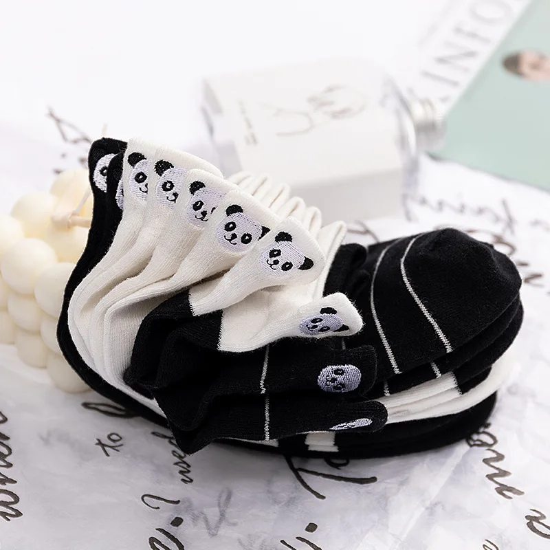 5 paar geborduurde panda korte sokken dames schattige cartoon dier zwart witte enkelsokken heren katoen mode gestreepte bootsokken