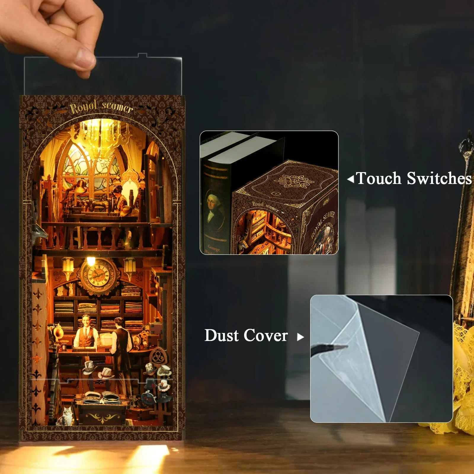 

DIY Wooden Book Nook Shelf Insert Miniature Model Kits Royal Sewing Machine Store With Light Bookshelf Bookend Friends Gifts