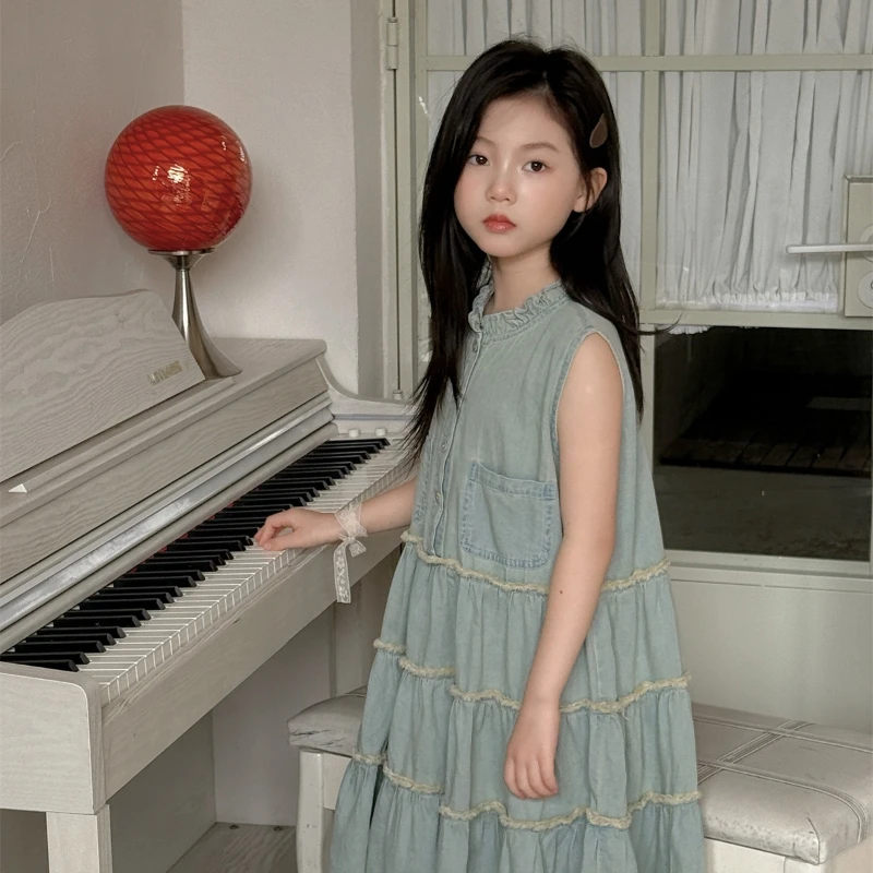 

2026 New Summer Girls Sleeveless Dress Korean Sweet Thin Denim Vest Dress for Older Kids Little Girl Casual
