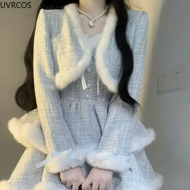 섹시한 리본 미니 스커트 일본 패션 슈트 한국 스타일 우아한 트위드 플래드 드레스 세트 여성 플러시 패치워크 숏 울 재킷