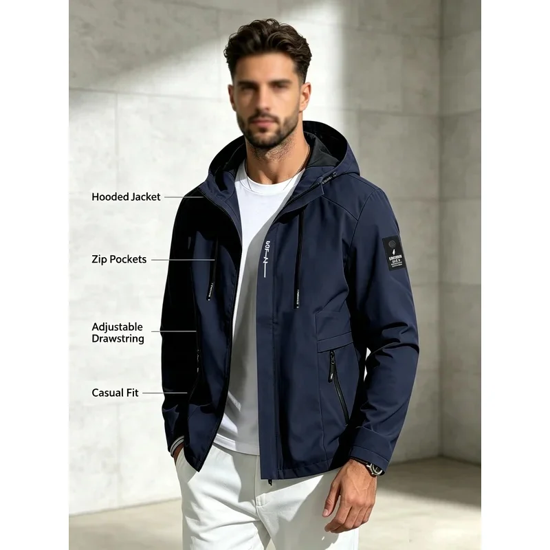 Men Hooded Jacket Casual Lightweight Durable Windbreaker Zip Up Drawstring Hood Coat Outerwear For Men Daily Outdoor Streetwear