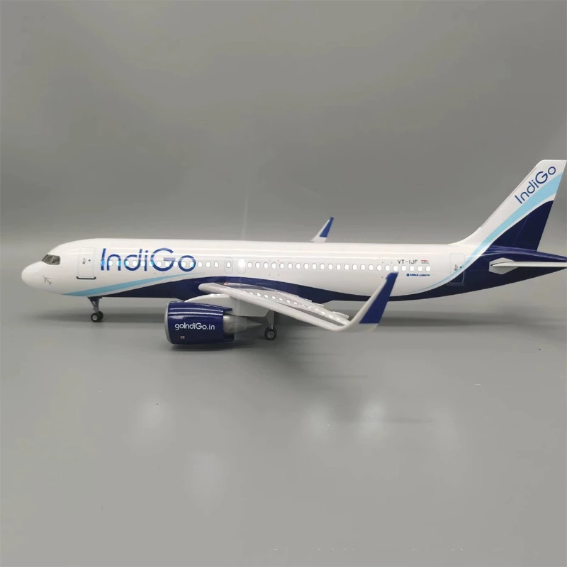 47cm Large Airplane A320 India Indigo Airways Resin Plane Models Diecast Airplane Toy With Lamp & Wooden Base Children Toys Gift
