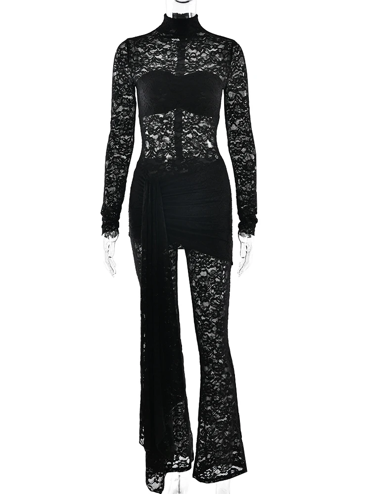 Oniflyme 레이스 패치 워크 쉬어 섹시한 점프 슈트 여성 가을 ​​라운드 넥 긴 소매 셔링 플레어 점프 슈트 우아한 파티웨어 롬퍼