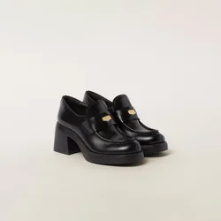 Women's Black Leather Penny Loafers Coin