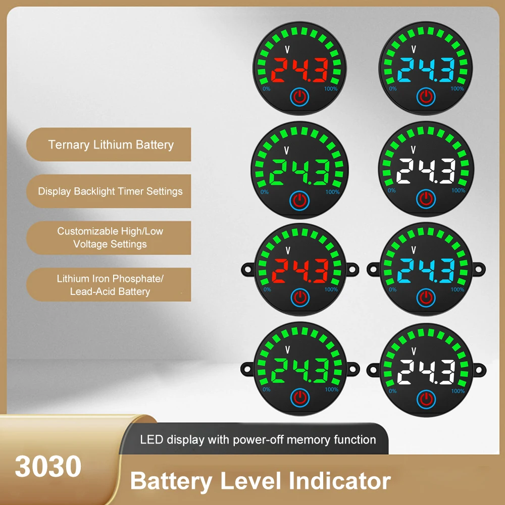 DC7-55V Round LED Voltage Battery Capacity Indicator with Power-off Memory Flash Alarm Digital Power Board Battery Monitor