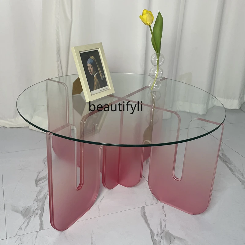 

yj Italian Coffee Table Nordic Simple Gradient Acrylic Tea Table Living Room round Tempered Glass Coffee Table Teacher