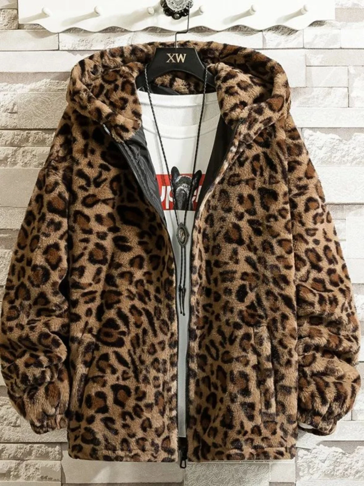 

Men's Double-sided Velvet Jaet Leopard Print Hooded Coat Youth Faion Stand Fit Long Sve Windproof Outerwear