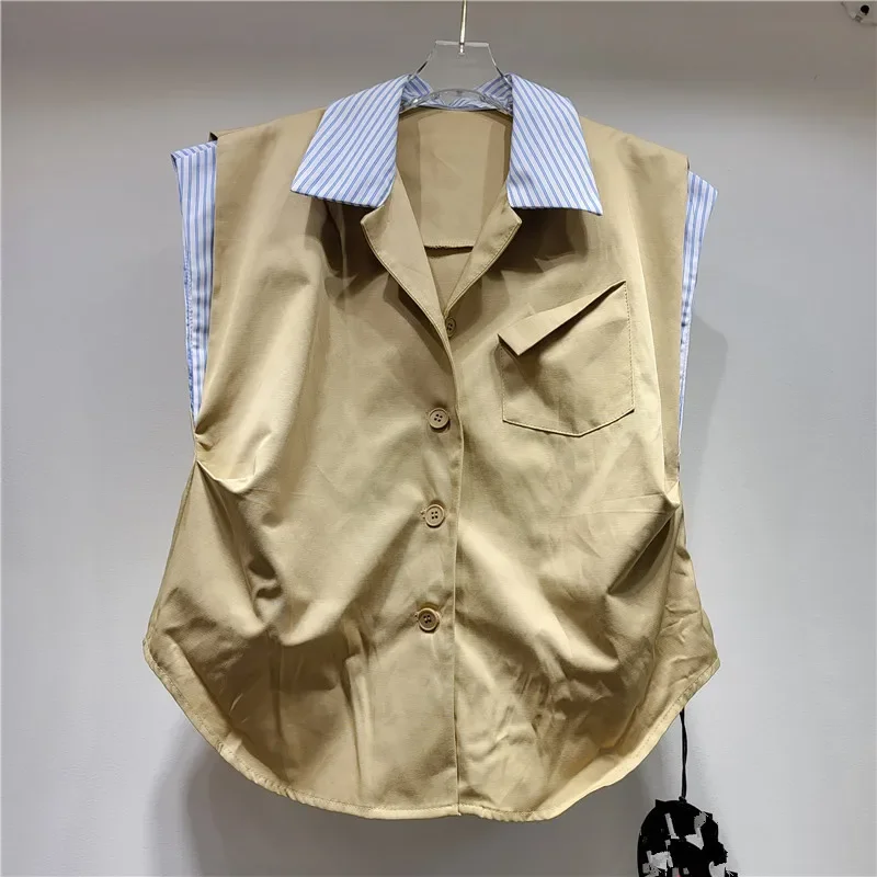 2024 Summer New Suit Fashion Patchwork Striped Single-breasted Sleeveless Vest for Women Pull-string Mini Dress Set