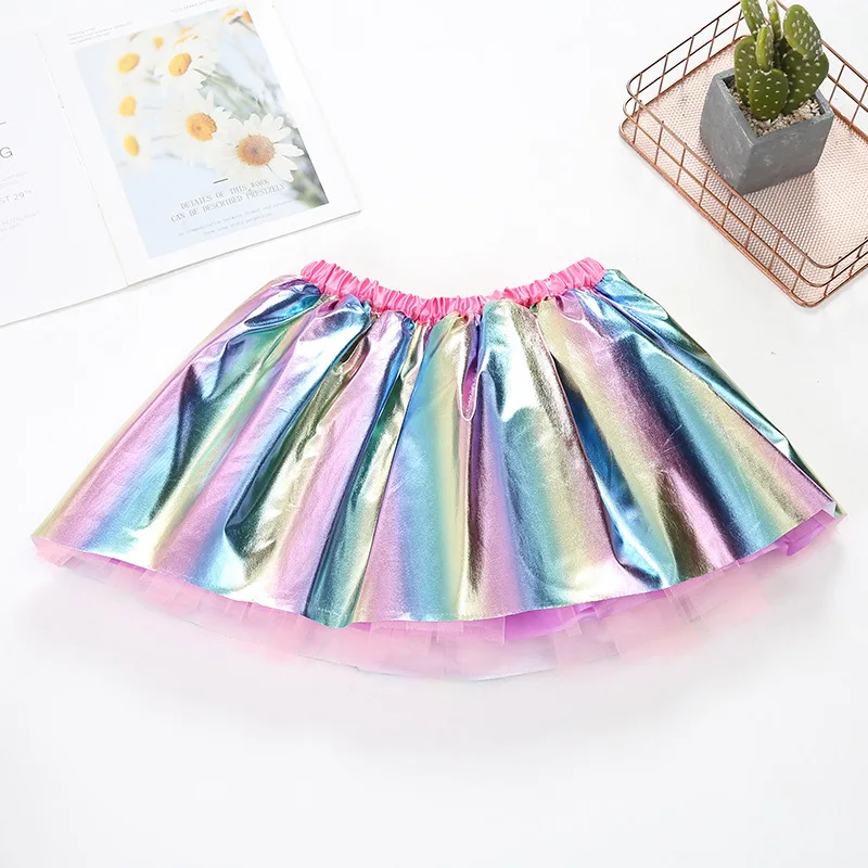 2022 new bronzing rainbow skirt party show girls skirt plus lining mesh tutu skirt children\'s clothing