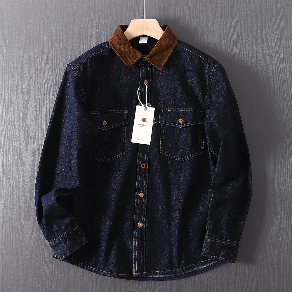 

Мужская джинсовая рубашка в стиле ретро, цвет индиго, с вышивкой, классический крой, повседневная верхняя одежда из хлопка