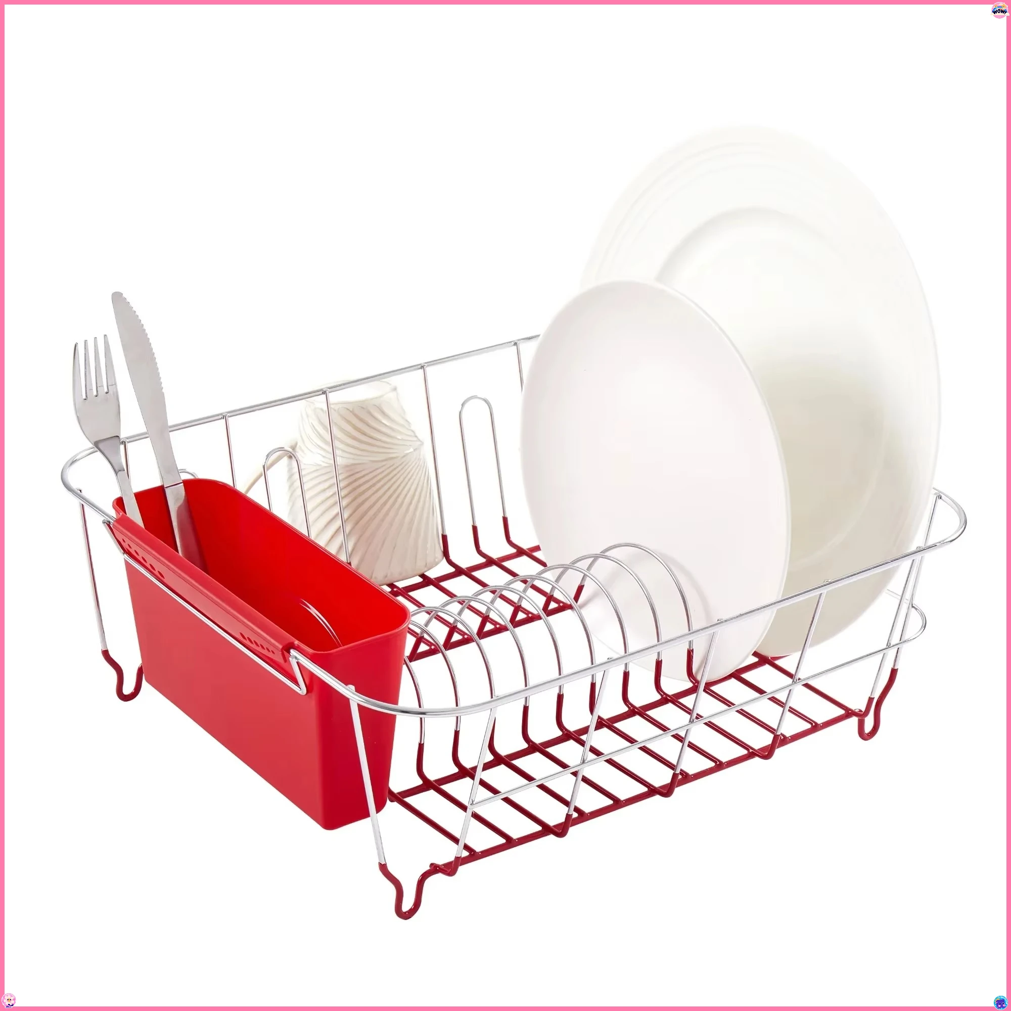 

Red Dish Drainer Set 2-Pc - Chrome Plated Steel Drying Rack - With Utensil Holder for Kitchen Counter Organization