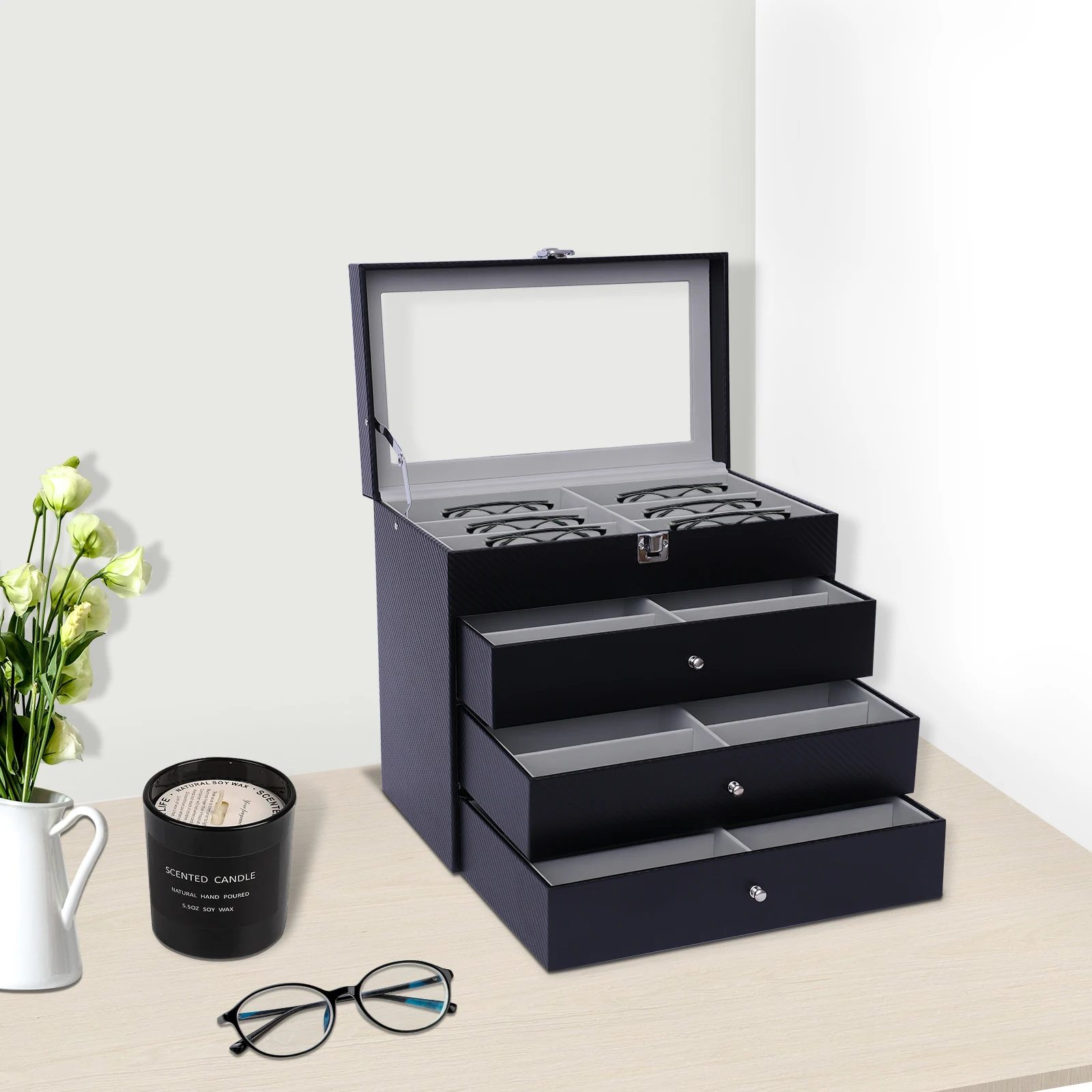 

4-Layer 24 Slots Eyeglass Sunglasses Storage Box PU Leather Jewelry Display Case with Removable Drawer and Lock