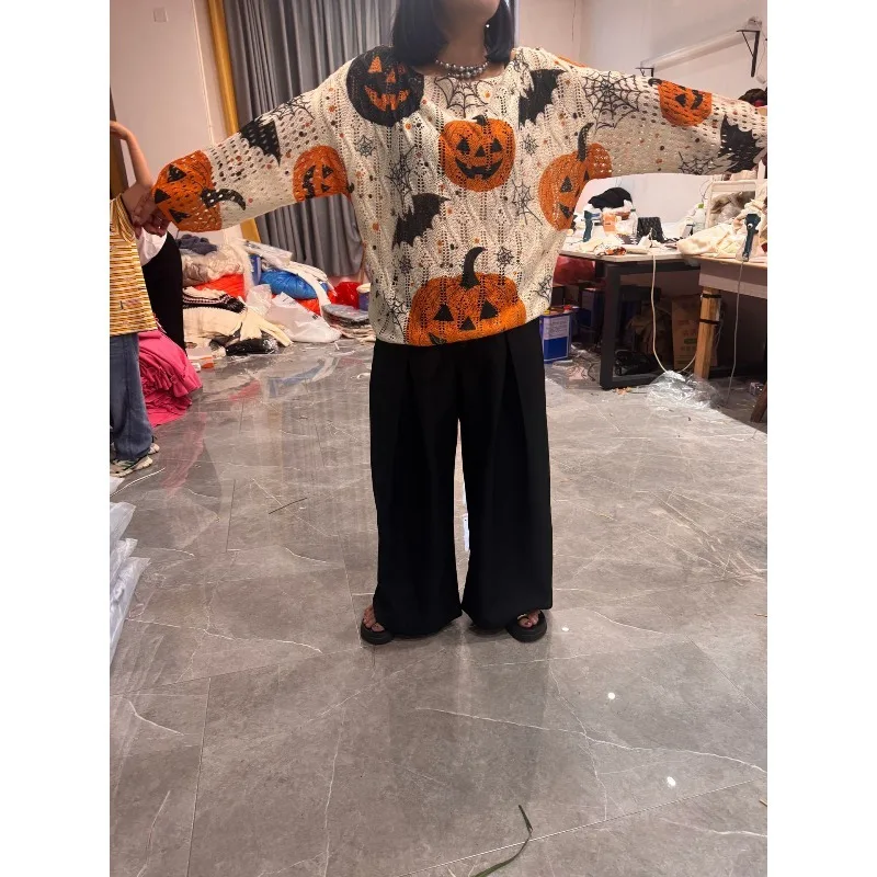

2025 New Halloween Round Neck Pumpkin Loose Casual Women's Long-sleeve Hollow-out Sweater Pullover