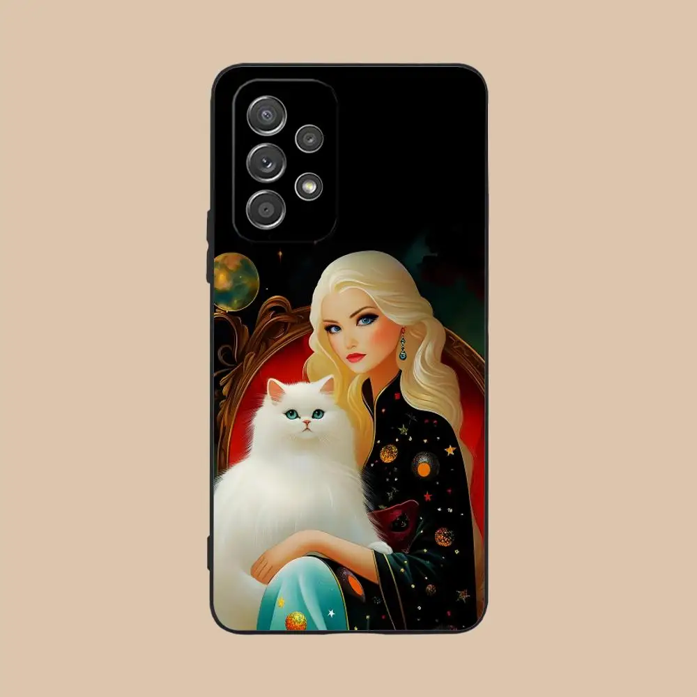 Girl Cat Kitten Art Phone Case for Samsung Galaxy M55 54 42 35 34 33 32 23 22 15 14 13 12 F55 5G Colour Protective Cover Luxury #6
