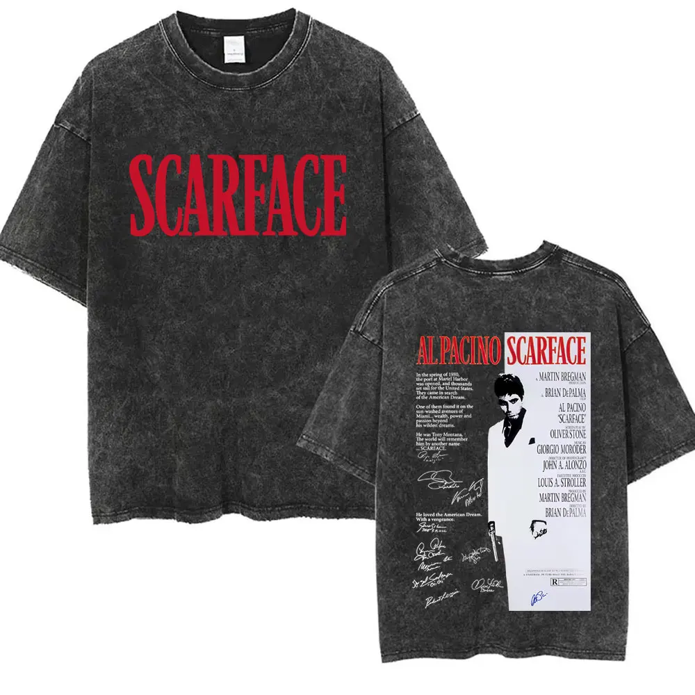 

90s Classic Gangsters Movie Scarface Vintage Washed T-shirt Tony Montana Al Pacino T Shirts Men Women Rock Oversized T-shirts