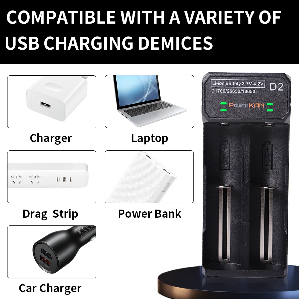 POWERKAN Li-ion D2 21700 Smart Battery Charger 3.7V for 26650 18500 18350 17500 16340 14500 Battery LED Display Type USB Charger