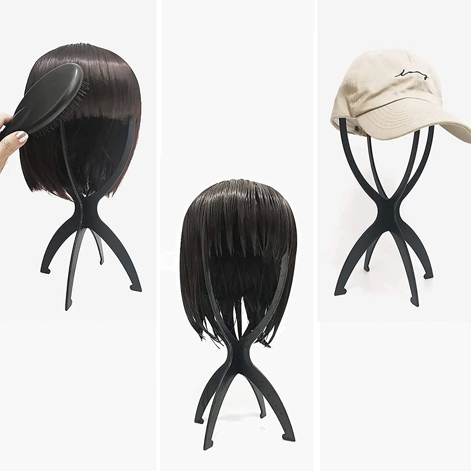 Wig Stand Portable Wig Stand Collapsible Wig Holder Durable Wig Display Tool Travel Wig Stand for All Wigs Women Men Black