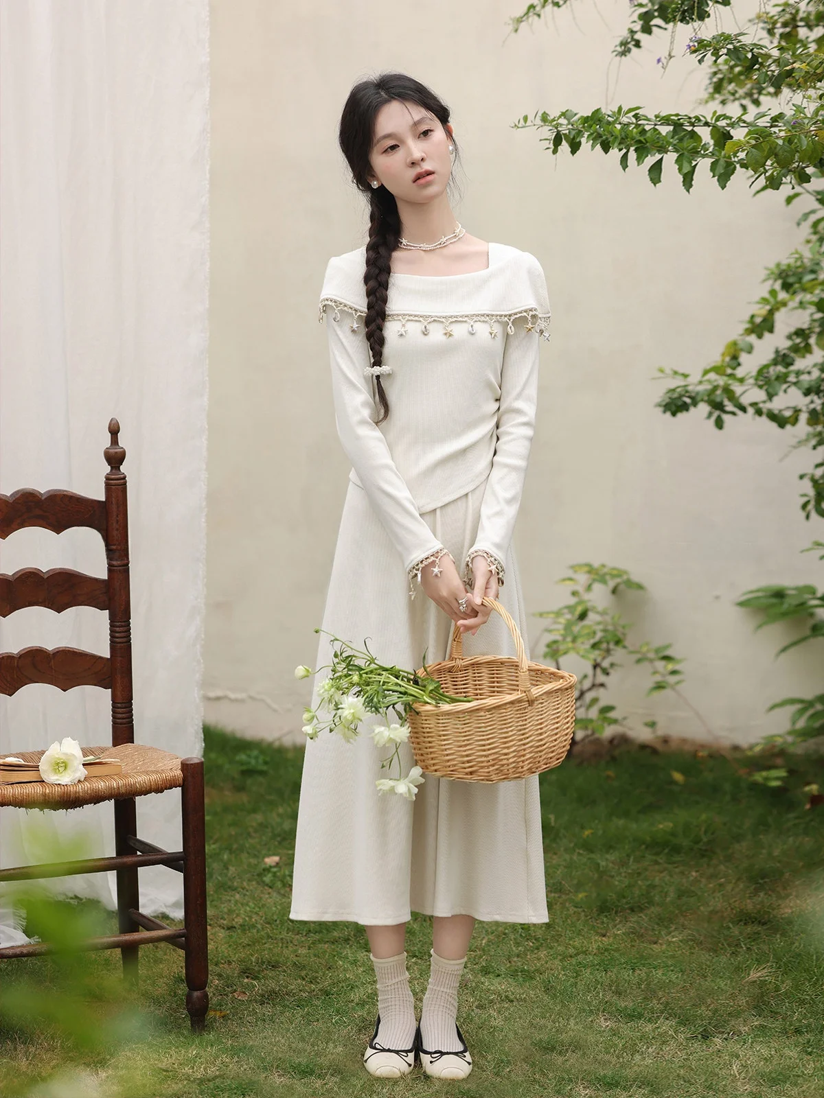 

Elegant Women's Fake Two-Piece Dress Slimming Summer Midi Skirt Stylish Casual A-Line Silhouette Long Sleeve Square Collar
