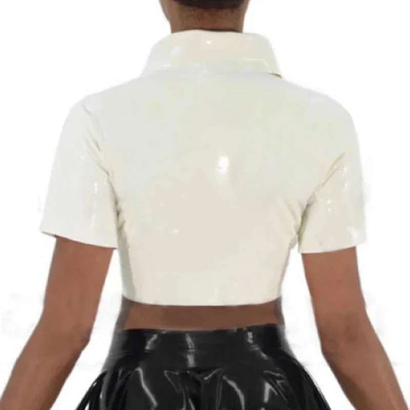 White Sexy Short Mini Latex Blouse with Lacing At Bottom Front Turn Down Collar Rubber Shirt Crop Top for Women