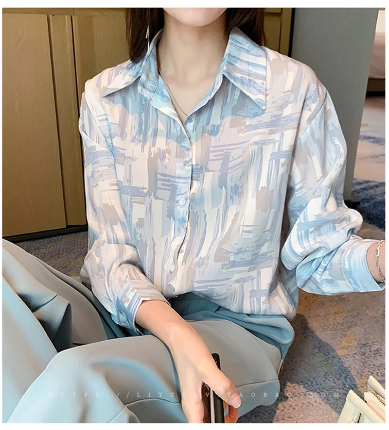 Y2K Tie Dye Print Women Shirt 2025 Spring Summer Long Sleeve Loose Blouses Casual Female Tops Elegant Office Ladies Workwear