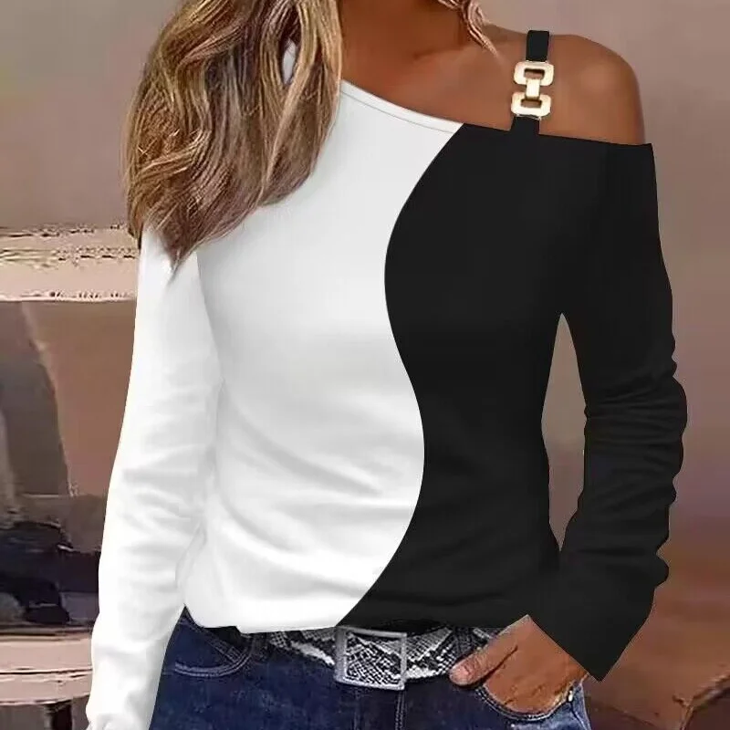 

2025 Women's Pullover Off Shoulder Sexy Top Long Sleeve Lady Tees Color Block Sloping Collar Fashion Casual Clothing Top Blouse