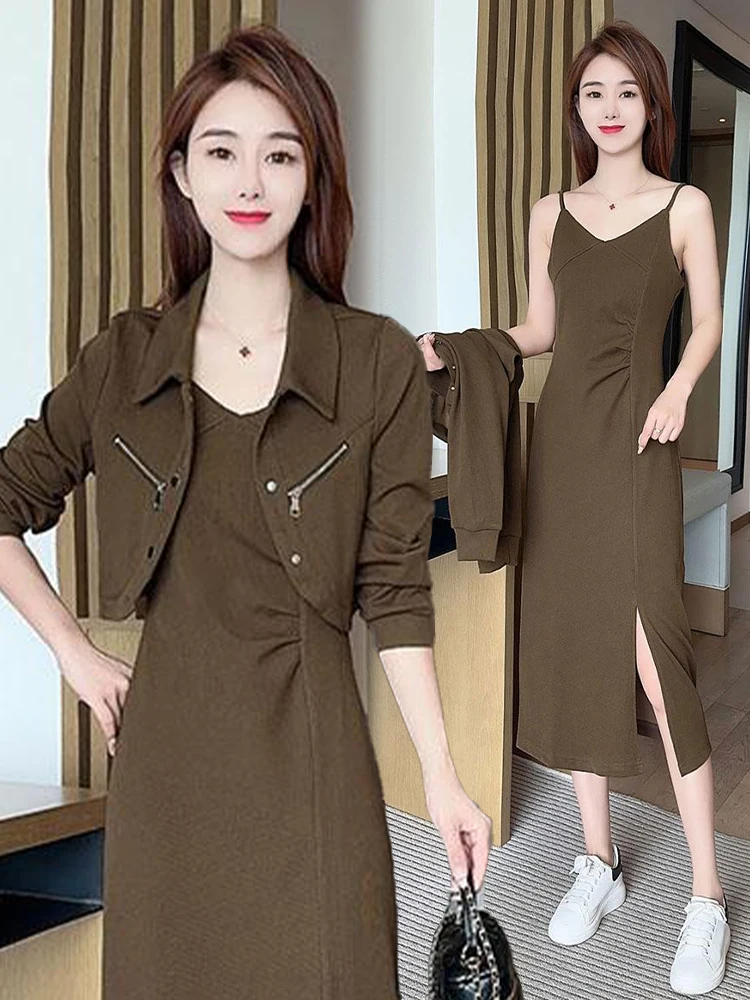 

Faionable Two-Piece Set Women's Fraance Sle ort Jaet High-End Feeling Strap Dr Split Dr Casual Sle