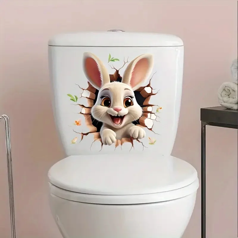 Naughty Rabbit 3D Toilet Stickers, Bright Bathroom for Home Decoration, Vinyl Animal Decals, Art Wall Paper, Poster