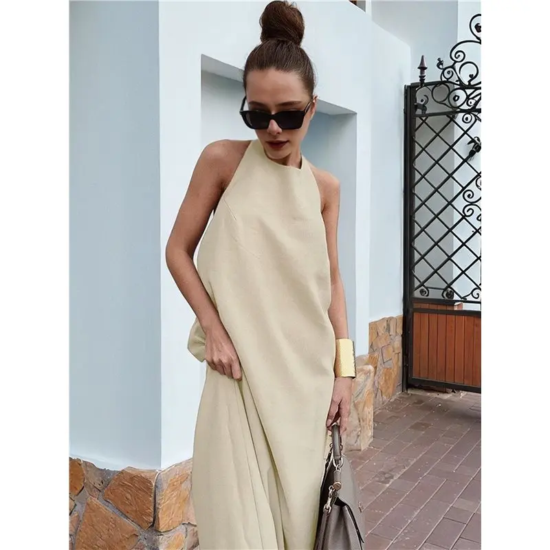 Women's Halter Neck Bodycon Maxi Dress With Keyhole Cutout And Side Slit Khaki L